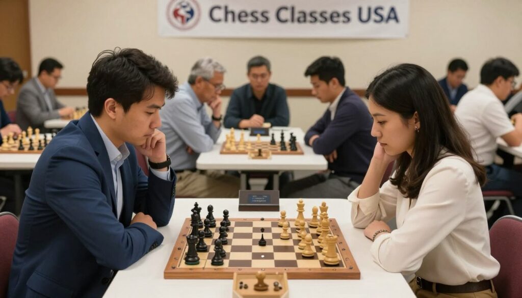 A focused chess tournament scene set in a well-lit community center, showcasing players engaged in intense matches at elegantly arranged tables. In the foreground, two players, a man in a smart blue blazer and a woman in a neat blouse, are strategizing over a chessboard with an elaborate wooden set, their expressions serious yet contemplative. The middle ground features several observers, including experienced players, discussing strategies and analyzing games. In the background, a banner reads "Chess Classes USA," creating an inviting atmosphere for newcomers. Soft, warm lighting enhances the inviting yet competitive mood, with a slight blur on the chess pieces to emphasize the intensity of the tournament experience. A focused chess tournament scene set in a well-lit community center, showcasing players engaged in intense matches at elegantly arranged tables. In the foreground, two players, a man in a smart blue blazer and a woman in a neat blouse, are strategizing over a chessboard with an elaborate wooden set, their expressions serious yet contemplative. The middle ground features several observers, including experienced players, discussing strategies and analyzing games. In the background, a banner reads "Chess Classes USA," creating an inviting atmosphere for newcomers. Soft, warm lighting enhances the inviting yet competitive mood, with a slight blur on the chess pieces to emphasize the intensity of the tournament experience.