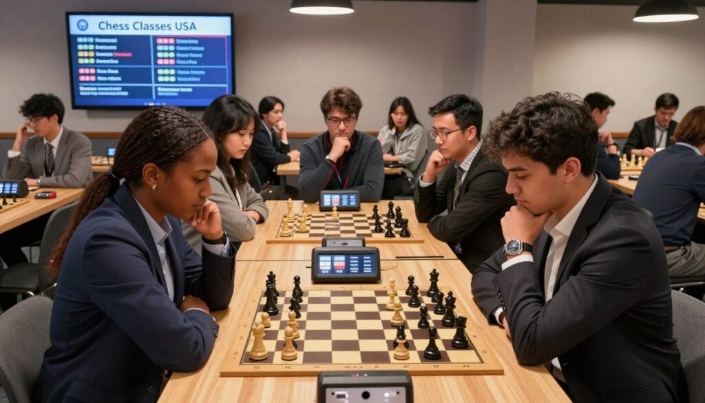 A focused chess tournament scene showcasing an intense game taking place in a well-lit, modern chess club. In the foreground, two players, a diverse man and woman, both dressed in professional attire, are deep in thought, studying their chessboards filled with pieces in mid-game. The middle layer captures an array of spectators observing, with expressions of concentration and intrigue, surrounded by illuminated chess clocks. In the background, a large screen displays “Chess Classes USA” and various chess ratings and upcoming tournaments, emphasizing the competitive atmosphere. Soft, warm lighting casts dynamic shadows, creating an inviting yet serious vibe. The angle is slightly elevated, giving a broad view of the action, highlighting the communal spirit of chess improvement and strategizing.