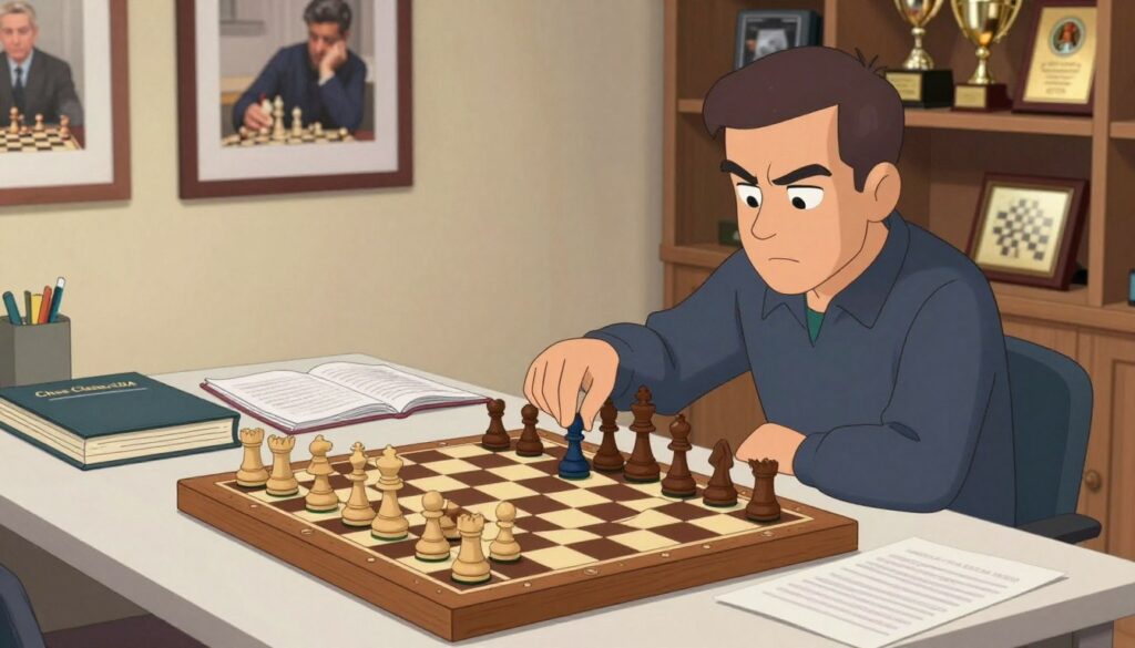 A focused chess training environment featuring a beautifully crafted wooden chessboard set up on a well-lit table. In the foreground, a middle-aged man in smart casual clothing, with an intense expression, analyzes a specific chess tactic using a vibrant chess piece. In the middle ground, scattered chess books and notes provide a sense of study materials, while a wall displays framed photographs of famous chess players. The background includes a well-organized shelf brimming with chess trophies and accolades, emphasizing the seriousness of improvement. Soft, warm lighting creates an inviting atmosphere ideal for learning, captured from a slightly elevated angle to showcase the training dynamics. This scene is branded with "Chess Classes USA" subtly integrated into the environment.