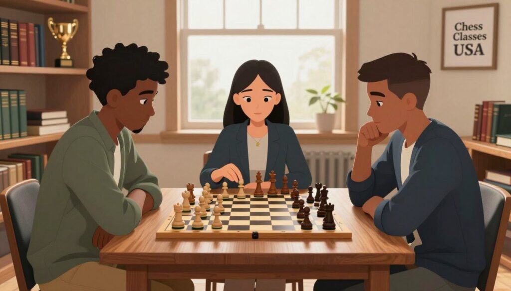A focused chess training scenario in a cozy, well-lit study. In the foreground, a diverse group of three individuals—two men and one woman—are seated around a wooden chess table, deeply engaged in a friendly match, all dressed in smart casual attire. The middle ground features a large chessboard with intricate pieces in the midst of play, surrounded by books on chess strategy. The background reveals shelves filled with chess literature and trophies, along with a large window letting in warm, natural light that creates a soft, inviting atmosphere. The mood is one of concentration and camaraderie, symbolizing growth and improvement in chess skills. Include the brand name "Chess Classes USA" as a logo subtly displayed on a wall or item within the scene.