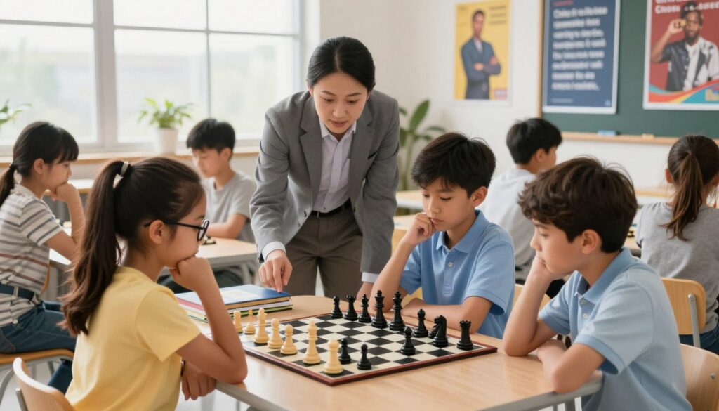 A focused chess training session in a bright, modern classroom setting, featuring a diverse group of children aged 8-12 years engaged in an intense game of chess. In the foreground, a young girl in casual attire with glasses studies the board, while across from her, a boy in a button-up shirt contemplates his next move, deep in thought. The middle ground shows a chess coach in professional attire, leaning over to offer guidance, with a chessboard and books on strategy nearby. The background is filled with vibrant posters of famous chess players and motivational quotes. Soft, natural lighting from large windows enhances the atmosphere, creating a sense of concentration and enthusiasm for learning. Include the branding "Chess Classes USA" subtly displayed on a wall in the background.