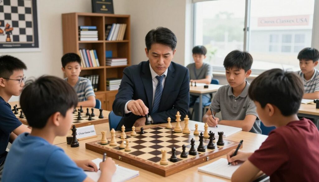 A focused chess training session in a well-lit room, with a wooden chessboard prominently displayed in the foreground, featuring high-quality pieces. In the middle, a serious-looking adult male chess coach, dressed in professional attire, demonstrates an advanced strategy to a diverse group of attentive students, who are seated around him, engaged and taking notes. The background shows a bookshelf filled with chess books and training materials, an inspiring poster of famous chess matches, and a window allowing natural light to illuminate the scene. The atmosphere is one of concentration and enthusiasm, reflecting the theme of improvement and mastery in chess. The brand name "Chess Classes USA" subtly integrated into the room decor.