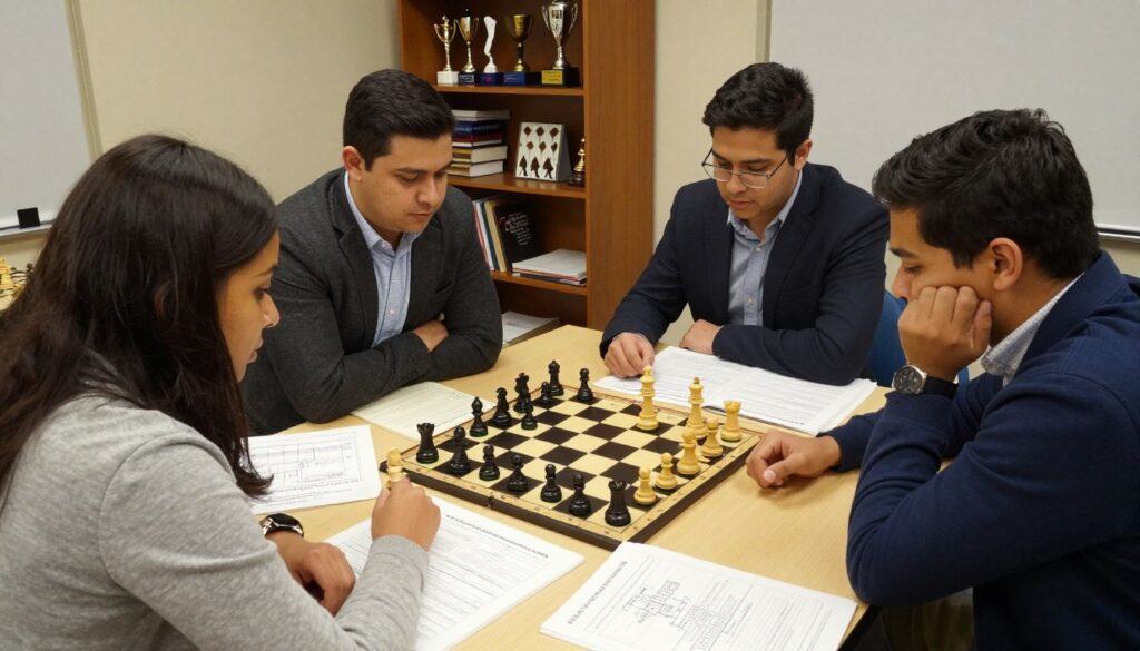 A focused chess training session unfolding in a cozy, well-lit room. In the foreground, a diverse group of four individuals—two males and two females—are engaged deeply around a chessboard, displaying intense concentration. They are dressed in smart casual attire, with a slight sheen from overhead lighting enhancing the serious atmosphere. In the middle, chess books and training materials are spread out on the table, showcasing strategy diagrams and annotated games, reflecting the importance of study. In the background, shelves filled with chess trophies and memorabilia signify the local Pennsylvania chess culture and achievements. The scene exudes a mood of determination and community, illustrating the dedication of players honing their skills under the banner of "Chess Classes USA." The angle is slightly elevated, capturing the dynamics of discussion and strategy.