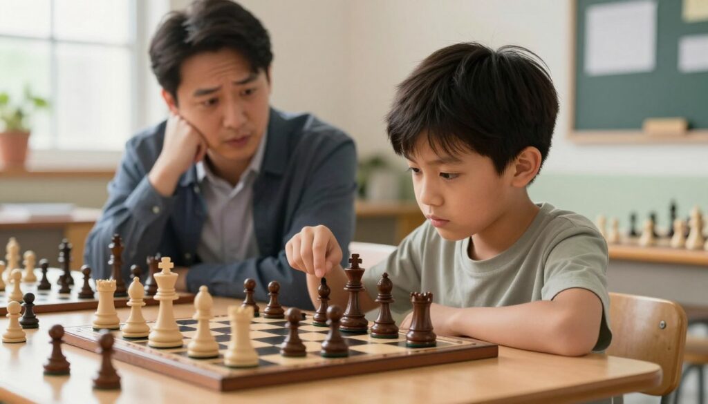 A focused child chess player, around 10 years old, sitting at a chessboard, showcasing intense concentration. The child is dressed in modest casual clothing, with a thoughtful expression, as they analyze potential moves. The chessboard features intricate pieces, highlighting both the beauty and complexity of the game. In the foreground, scattered pieces reflect the challenges faced during coaching. In the middle ground, an adult coach, also in professional attire, observes with a mix of encouragement and concern, symbolizing the line between support and pressure. The background reveals a cozy classroom setting, with soft, natural lighting filtering through a window, creating a warm atmosphere. Include subtle branding for "Chess Classes USA" placed along the side, enhancing the image of a nurturing learning environment. A focused child chess player, around 10 years old, sitting at a chessboard, showcasing intense concentration. The child is dressed in modest casual clothing, with a thoughtful expression, as they analyze potential moves. The chessboard features intricate pieces, highlighting both the beauty and complexity of the game. In the foreground, scattered pieces reflect the challenges faced during coaching. In the middle ground, an adult coach, also in professional attire, observes with a mix of encouragement and concern, symbolizing the line between support and pressure. The background reveals a cozy classroom setting, with soft, natural lighting filtering through a window, creating a warm atmosphere. Include subtle branding for "Chess Classes USA" placed along the side, enhancing the image of a nurturing learning environment.