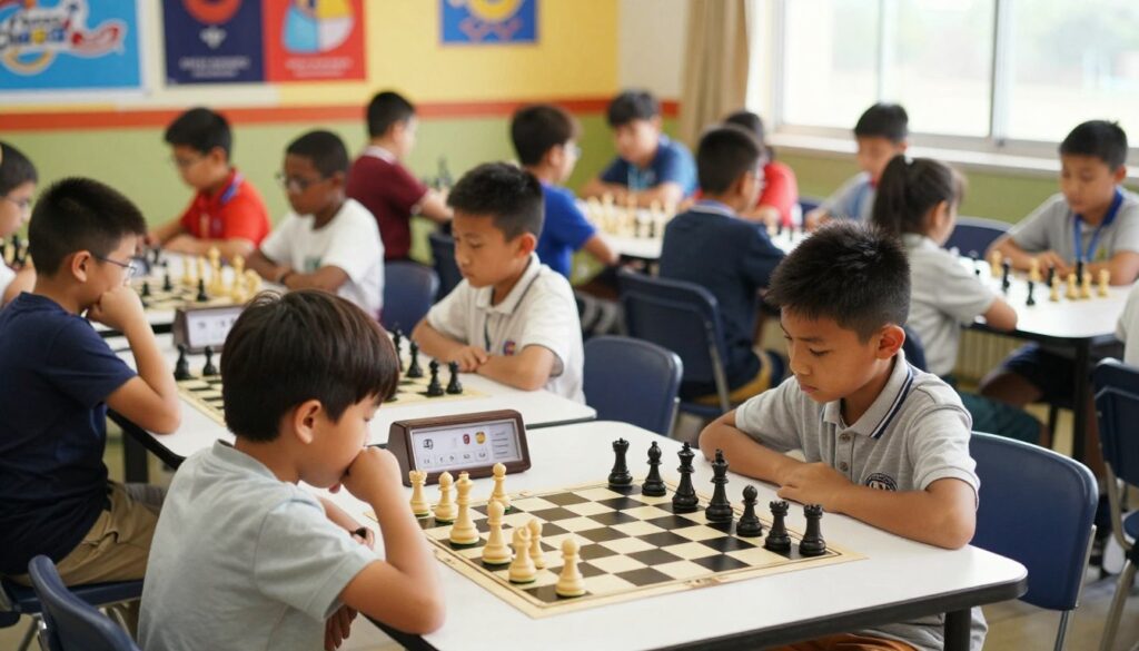 A focused children's chess tournament scene, capturing young players seated at tables, deeply engaged in their matches. In the foreground, a child in casual yet neat clothing leans over a chessboard, contemplating their next move. In the middle, a diverse group of children, all in respectful attire, surrounds them, with expressions of concentration and determination. In the background, a vibrant room filled with colorful banners, chess clocks, and neatly arranged chess pieces creates a lively atmosphere. Warm, natural lighting floods in from large windows, casting soft shadows. The depth of field highlights the intensity of the chess players while gently blurring the energized crowd behind them. The logo "Chess Classes USA" is subtly incorporated in the setting, enhancing the theme of competition and teamwork during downtime at the tournament.