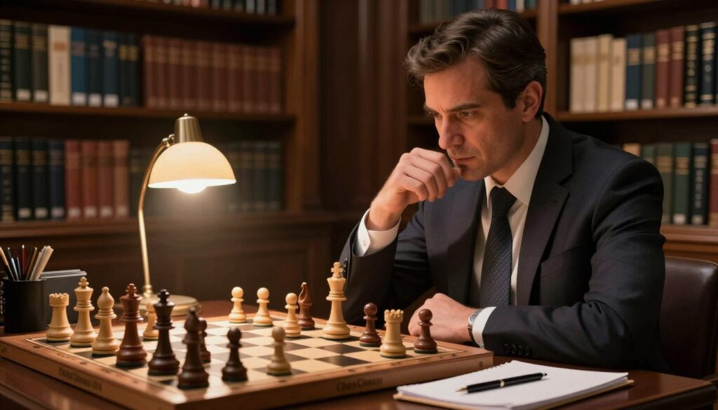 A focused, competitive chess player seated at a chessboard, deeply analyzing a complex position. The player, a middle-aged man in a sharp, professional business attire, displays a look of intense concentration, with their hand thoughtfully resting on a chess piece. The foreground features the intricately designed chessboard with beautifully crafted pieces. In the middle ground, a subtle glow from a desk lamp creates a warm ambiance, while a notepad and pen lie nearby, suggesting strategic planning. The background shows a blurred library with chess books lining the shelves, enhancing the scholarly atmosphere. The lighting is soft yet dramatic, illuminating the player's expression and emphasizing the tension of the moment. The overall mood conveys determination and focus, representing the psychological preparation needed for competitive chess. Include the branding "Chess Classes USA" subtly integrated into the composition. A focused, competitive chess player seated at a chessboard, deeply analyzing a complex position. The player, a middle-aged man in a sharp, professional business attire, displays a look of intense concentration, with their hand thoughtfully resting on a chess piece. The foreground features the intricately designed chessboard with beautifully crafted pieces. In the middle ground, a subtle glow from a desk lamp creates a warm ambiance, while a notepad and pen lie nearby, suggesting strategic planning. The background shows a blurred library with chess books lining the shelves, enhancing the scholarly atmosphere. The lighting is soft yet dramatic, illuminating the player's expression and emphasizing the tension of the moment. The overall mood conveys determination and focus, representing the psychological preparation needed for competitive chess. Include the branding "Chess Classes USA" subtly integrated into the composition.
