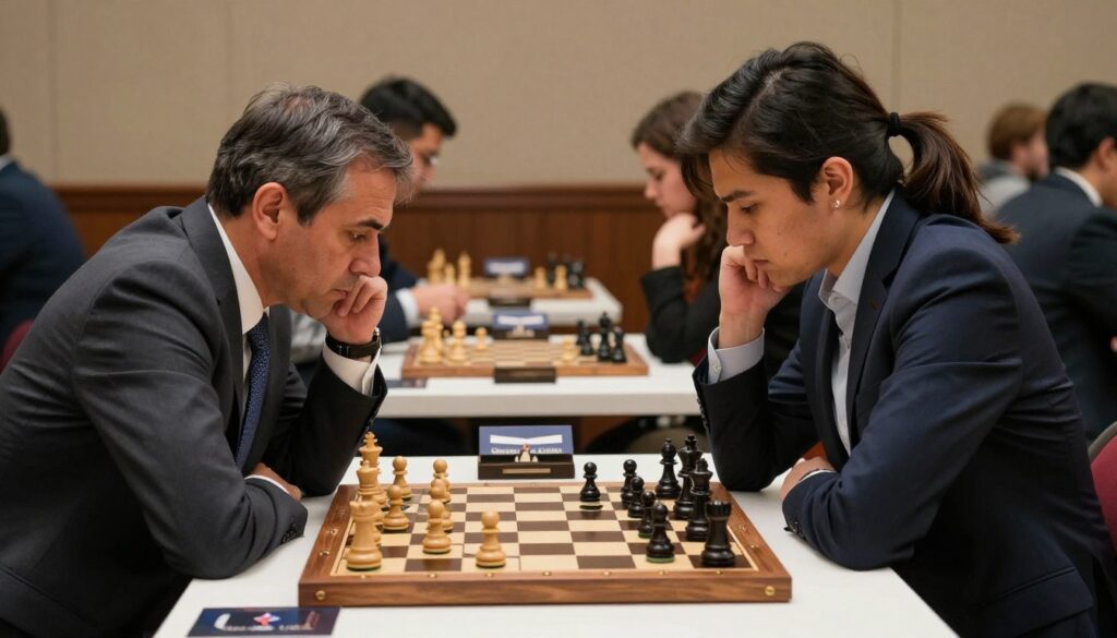 A focused competitive chess scene, showcasing players deeply engaged in an intense match. In the foreground, a middle-aged man in a professional suit, with a look of concentration, is leaning forward, analyzing the chessboard. Opposite him, a young woman dressed in smart casual attire, her brow furrowed in thought, contemplates her next move. The chess pieces are ornate, set on a polished wooden board. In the middle ground, ambient lighting casts soft shadows, emphasizing the tension. The background features blurred outlines of an upscale chess tournament setting with spectators quietly observing, enhancing the atmosphere of serious competition. The logo "Chess Classes USA" subtly integrated into the bottom corner, showcasing dedication to competitive play.