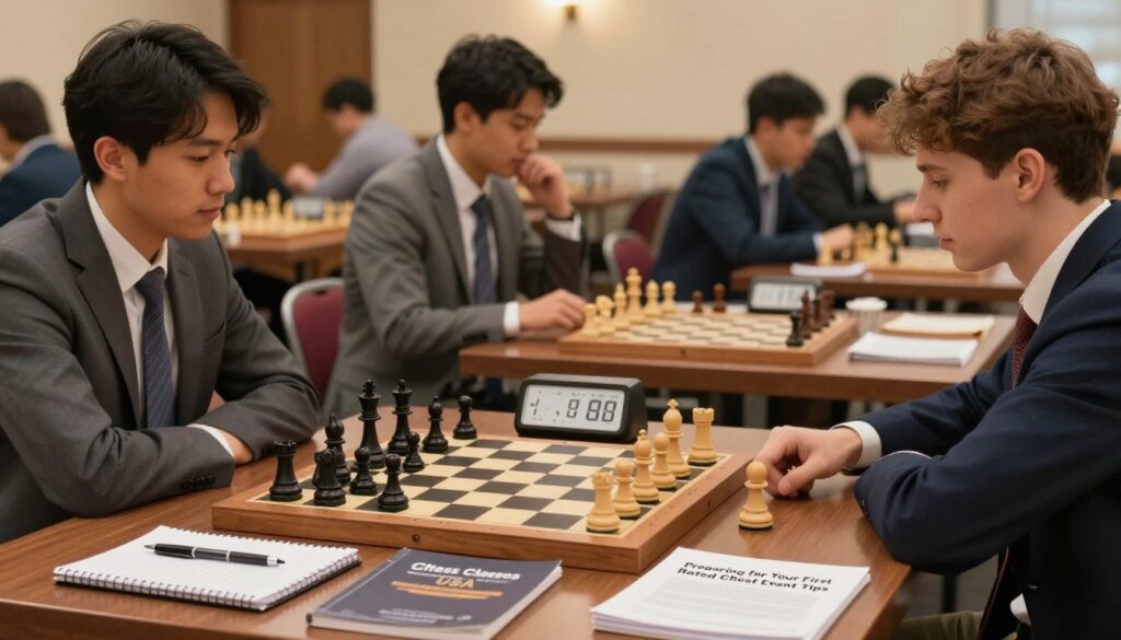 A focused composition featuring a wooden chessboard set up for a rated event, with a chess clock prominently displayed alongside it. In the foreground, a set of essential chess materials: a notepad, a pen, and an instructional guide titled "Preparing for Your First Rated Chess Event Tips" from "Chess Classes USA". In the middle, blurred figures of diverse individuals in professional business attire, engaged in conversation, exchanging strategies, creating an atmosphere of anticipation and camaraderie. In the background, a softly lit tournament hall filled with chess tables and participants. Warm ambient lighting casts soft shadows, suggesting a supportive and encouraging environment, ideal for newcomers to chess competition. The overall mood is inspiring and focused, inviting the viewer to visualize the excitement and preparation involved in a rated chess event.