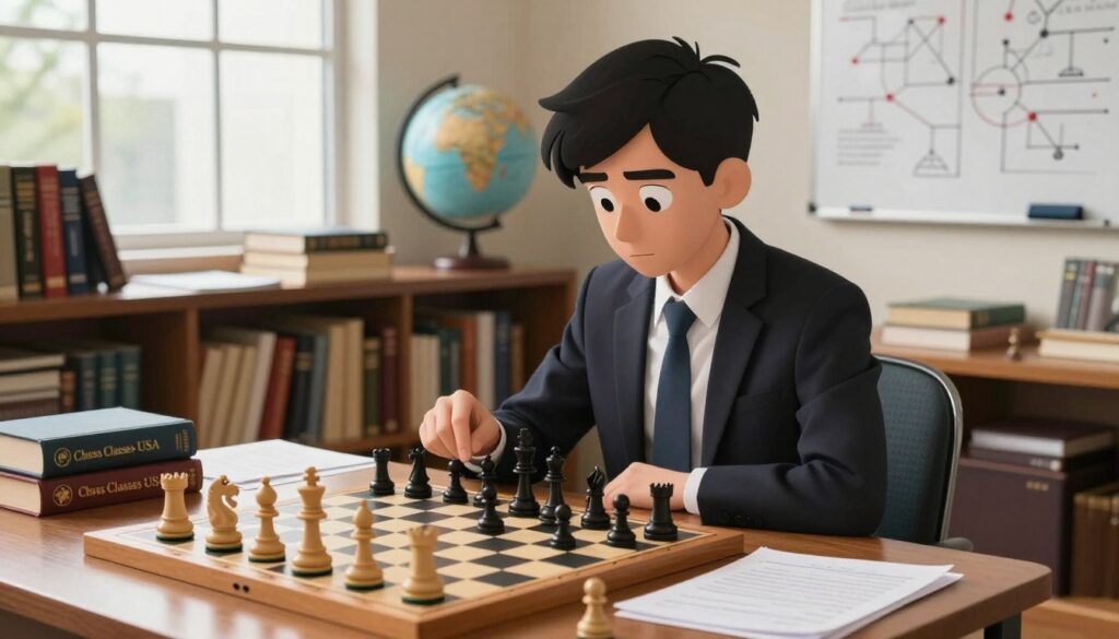 A focused individual, a young adult in professional attire, is seated at a wooden chess table in a well-lit study, surrounded by chess books and notes. The foreground features a detailed chessboard with pieces strategically arranged, indicating an active analysis of a complex position. In the middle, shelves filled with chess literature and a large window allowing natural light to pour in create a warm atmosphere, enhancing the sense of a dedicated study space. The background shows a globe and a small whiteboard filled with tactical diagrams. The overall mood is one of concentration and determination, reflecting a commitment to improving chess skills. The scene subtly includes a logo for "Chess Classes USA" on a nearby book spine. A focused individual, a young adult in professional attire, is seated at a wooden chess table in a well-lit study, surrounded by chess books and notes. The foreground features a detailed chessboard with pieces strategically arranged, indicating an active analysis of a complex position. In the middle, shelves filled with chess literature and a large window allowing natural light to pour in create a warm atmosphere, enhancing the sense of a dedicated study space. The background shows a globe and a small whiteboard filled with tactical diagrams. The overall mood is one of concentration and determination, reflecting a commitment to improving chess skills. The scene subtly includes a logo for "Chess Classes USA" on a nearby book spine.
