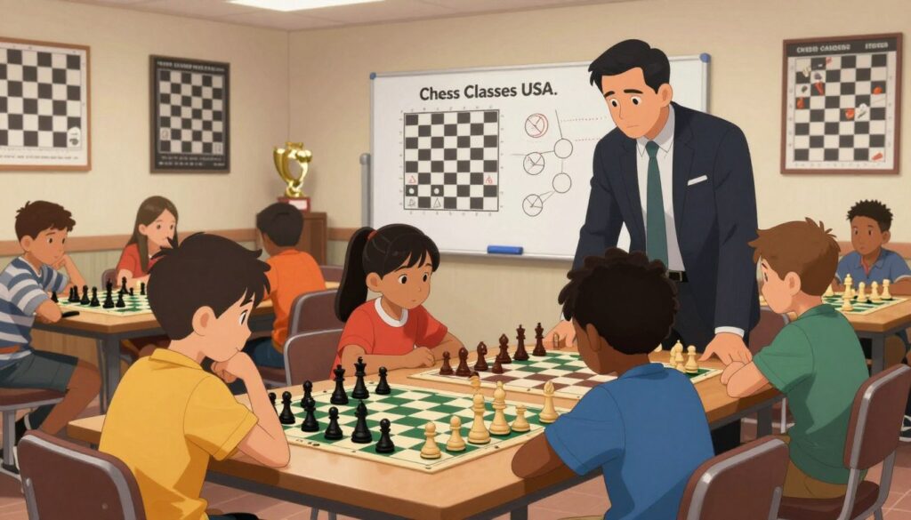 A focused indoor scene depicting a competitive chess training session, emphasizing personal coaching and group dynamics. In the foreground, a diverse group of children, aged 8-12, engaged in an intense chess match on a multi-colored chess board, displaying concentration and determination. Some wear modest casual clothing, while a professional adult coach observes attentively, dressed in smart business attire, providing guidance. In the middle ground, a large whiteboard features strategic chess positions and diagrams, essential for training. The background showcases a well-lit classic chess club atmosphere, decorated with chess-themed posters and trophies, inspiring the young players. Soft, warm lighting enhances the focus on the participants while creating a supportive environment. The entire scene promotes a mood of dedication and collaboration, reinforcing the mission of "Chess Classes USA."