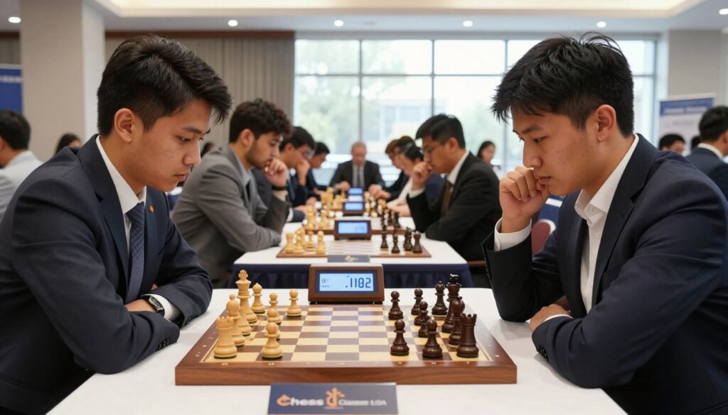 A focused international chess tournament scene featuring diverse players, including a male and female participant, both dressed in professional business attire, intensely engaged in a match. In the foreground, a classic wooden chessboard showcases elegantly crafted pieces mid-game, with a glowing chess clock beside it. The middle ground reveals a backdrop of a well-appointed tournament hall, filled with spectators observing the tension, soft natural lighting cascading through large windows, creating an inspiring ambiance. The atmosphere is charged with concentration and determination as players strategize their moves. Subtle branding for "Chess Classes USA" is integrated into the tournament hall design, enhancing the professional environment without overpowering the scene. Capture this moment from a slightly low angle, emphasizing the players’ focused expressions and the intricate details of the chessboard.