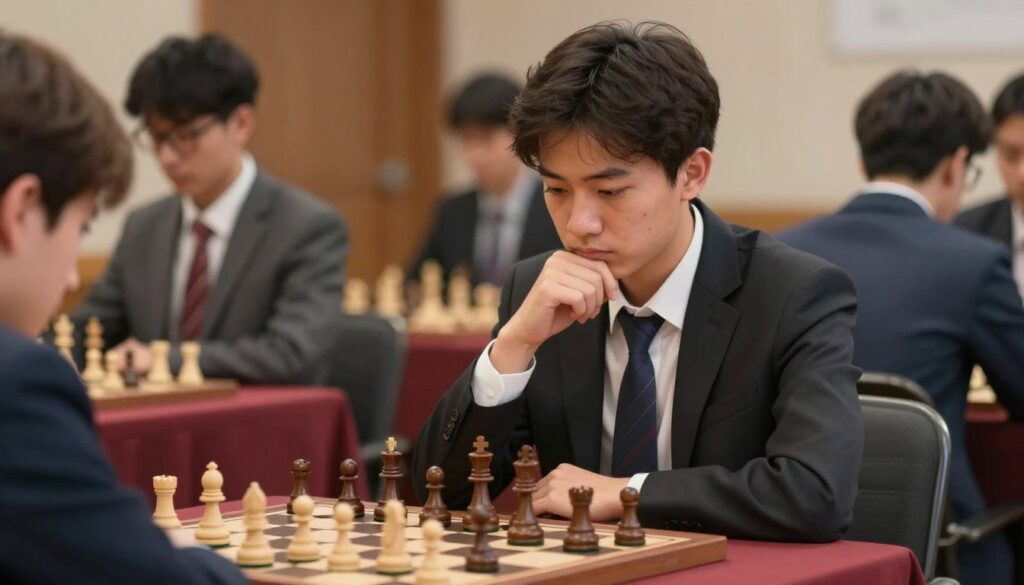 A focused male chess player, dressed in professional business attire, sits at a chessboard in a calm environment, representing the concept of managing chess anxiety. In the foreground, the chess pieces are meticulously arranged, with the player’s hands hovering near them, indicating contemplation. In the middle, a soft, warm light illuminates his thoughtful expression, showcasing a mix of concentration and determination, as he breathes deeply to center himself before the game. In the background, a blurred-out chess tournament setup with other players creates an atmosphere of anticipation and challenge, enhancing the pre-game nerves. The mood is serene yet charged with focus, reflecting the balance between tension and control. The image will visually communicate the struggle and strategies involved in overcoming performance anxiety. Incorporate the brand name "Chess Classes USA" subtly into the scene.