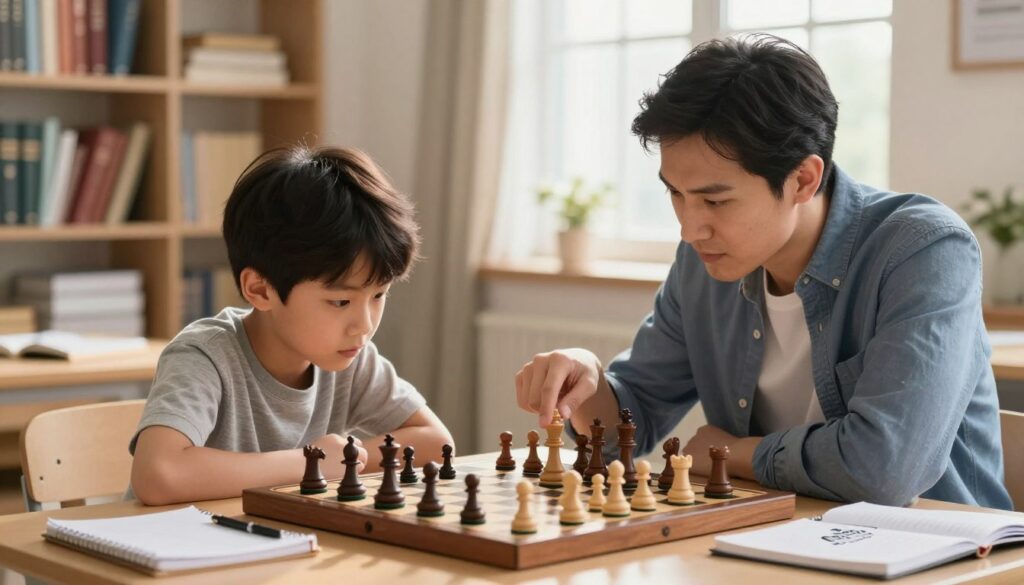 A focused parent and child engaging in a chess puzzle-solving session, illustrated in a bright, well-lit room filled with chess books and a wooden chessboard. In the foreground, the intense concentration on their faces showcases the balance of tactical training and positional understanding. The child, wearing a casual shirt, leans over the board, while the parent, dressed in smart-casual attire, points to a specific chess piece, emphasizing teamwork. The middle ground features an array of chess pieces, some in mid-game, and a cluttered table with notebooks. In the background, a window lets in soft afternoon sunlight, creating a warm atmosphere. The overall mood is encouraging and focused, reflecting the supportive environment fostered by "Chess Classes USA". Use a 50mm lens to capture sharp details and a slightly blurred background for depth.