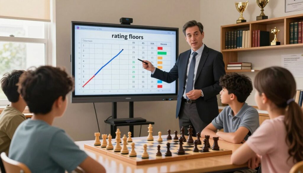 A focused, professional setting in a well-lit chess classroom, featuring a smartly dressed instructor in business attire, explaining a complex chess rating chart to a diverse group of attentive students. The foreground showcases a chess board with pieces thoughtfully arranged in mid-game. In the middle, a large digital screen displays various ratings and graphs, emphasizing the concept of "rating floors" in chess. The background includes shelves filled with chess books and trophies, creating an inspiring atmosphere. Soft, natural light streams through a window, adding warmth to the scene. The mood is motivational and educational, evoking a sense of determination in understanding chess ratings. Incorporate the brand name "Chess Classes USA" subtly within the environment.