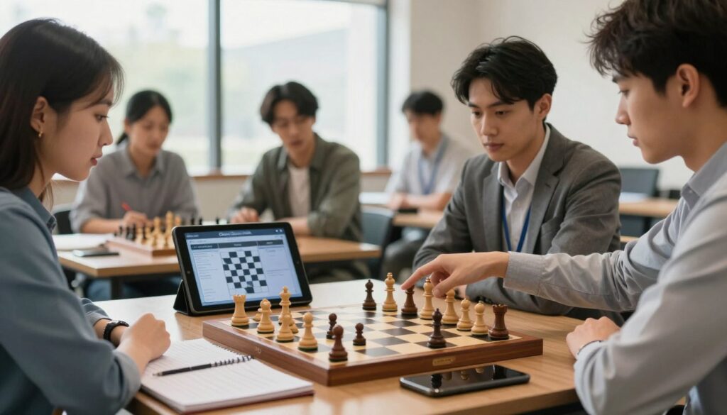 A focused scene depicting a chess tournament analysis in a modern, well-lit room. In the foreground, a wooden chessboard with pieces arranged mid-game, surrounded by analysis tools like a notepad, chess literature, and a digital tablet displaying chess software from "Chess Classes USA". The middle ground features a group of parents and coaches, dressed in business casual attire, engaged in discussion and strategy planning, with one pointing at the board. The background showcases a large window allowing natural light to pour in, creating a warm and inviting atmosphere. The lighting is soft yet bright, enhancing the seriousness and concentration of the scene, with a slightly blurred depth of field to focus on the analysis tools and people.
