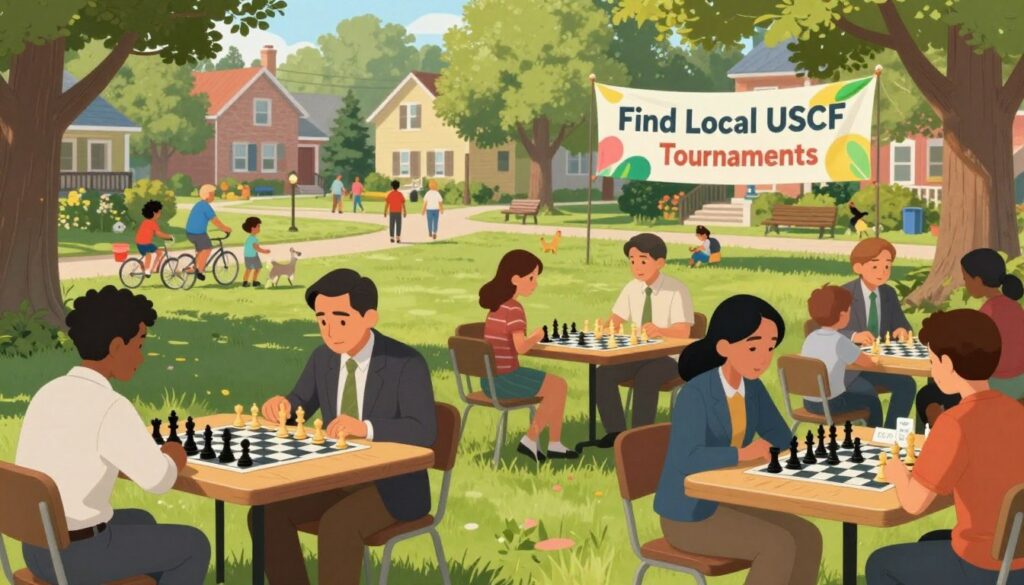 A focused scene depicting a community chess event in a vibrant local park. In the foreground, a diverse group of players, dressed in professional business attire and modest casual clothing, eagerly engage in chess matches at wooden tables. They exhibit expressions of concentration and determination. In the middle ground, a colorful banner reads “Find Local USCF Tournaments” set against a backdrop of green trees and playful children enjoying the park. The background showcases a quaint neighborhood, with people walking dogs and cycling, capturing the essence of community. Soft ambient lighting fills the scene, casting gentle shadows. The overall mood is warm and inviting, fostering a sense of camaraderie in the chess-playing community. The brand "Chess Classes USA" is subtly incorporated into the scene, perhaps on the tables or flyers.