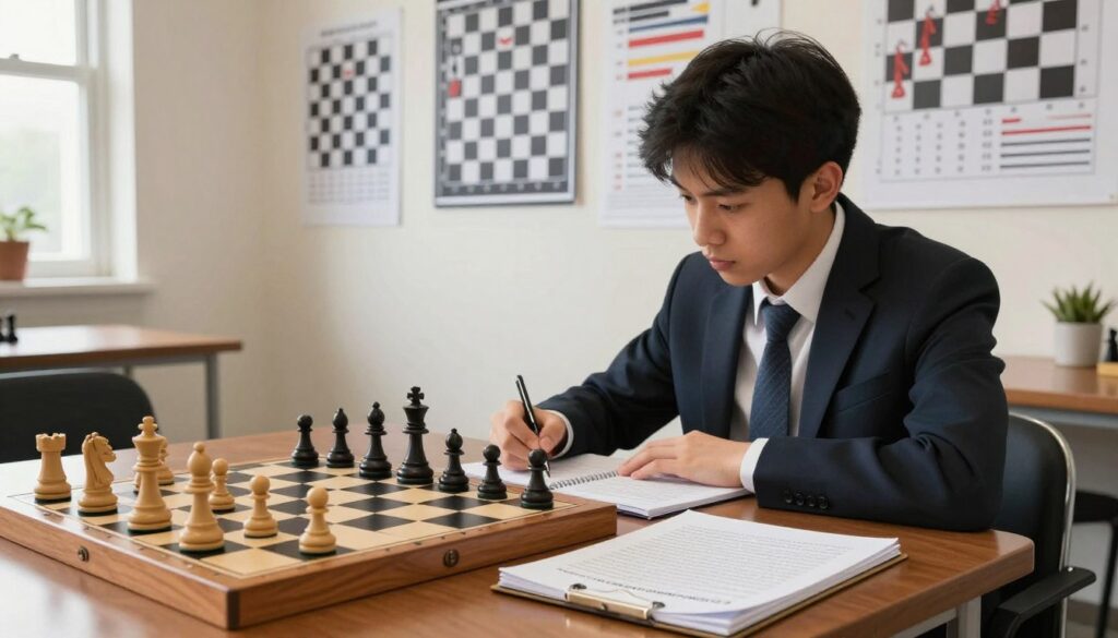 A focused scene depicting a well-organized study area dedicated to chess improvement. In the foreground, a wooden chess board with pieces in mid-game, accompanied by a notebook filled with annotated chess strategies. In the middle ground, a person in professional attire, deeply engaged in analysis, jotting down notes with a focused expression. The background features a large wall covered with chess-themed posters and graphs illustrating chess ratings and strategies. Natural light filters in from a nearby window, creating a warm and inviting atmosphere. The image should convey dedication and the structured approach needed for chess improvement, emblematic of "Chess Classes USA", emphasizing a post-tournament study routine.