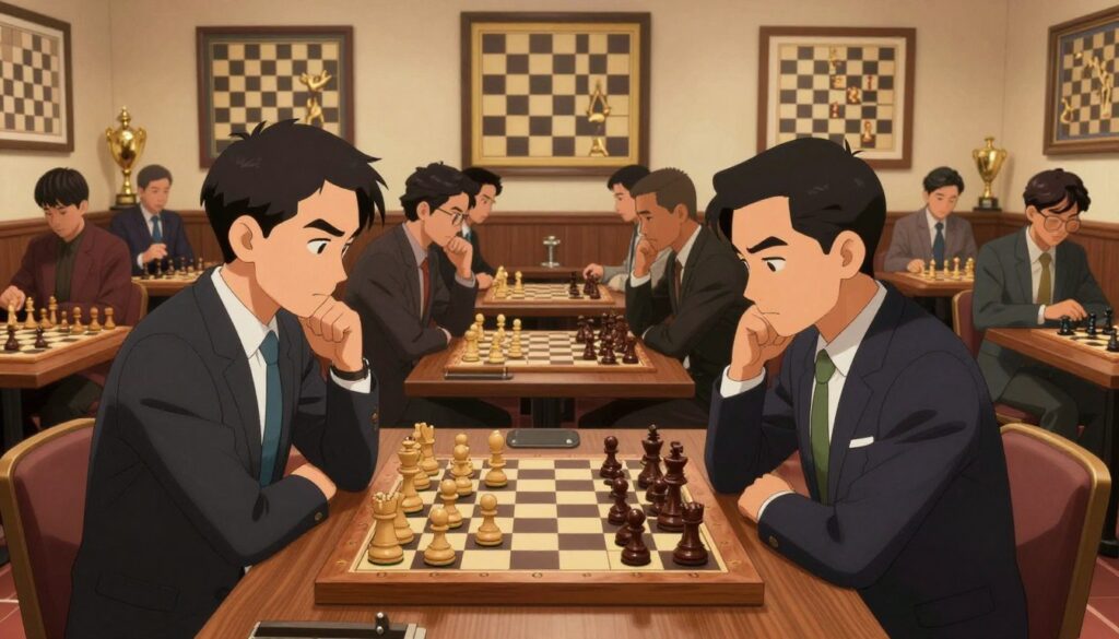 A focused scene depicting an expert chess player in an impressive, elegantly designed chess club setting. In the foreground, a poised individual in professional business attire is deep in thought, analyzing a complex chess position on a beautifully crafted wooden chessboard, pieces arranged mid-game. The middle layer showcases a diverse group of avid chess enthusiasts observing and discussing strategies, each engaged and passionate. In the background, walls adorned with chess artwork and trophies embody the rich history of the game. Soft, warm lighting enhances the atmosphere, creating a sense of camaraderie and concentration. The perspective captures the depth of the room, emphasizing the dedication required to reach the expert level in chess. Chess Classes USA branding subtly integrated in the environment without text. A focused scene depicting an expert chess player in an impressive, elegantly designed chess club setting. In the foreground, a poised individual in professional business attire is deep in thought, analyzing a complex chess position on a beautifully crafted wooden chessboard, pieces arranged mid-game. The middle layer showcases a diverse group of avid chess enthusiasts observing and discussing strategies, each engaged and passionate. In the background, walls adorned with chess artwork and trophies embody the rich history of the game. Soft, warm lighting enhances the atmosphere, creating a sense of camaraderie and concentration. The perspective captures the depth of the room, emphasizing the dedication required to reach the expert level in chess. Chess Classes USA branding subtly integrated in the environment without text.