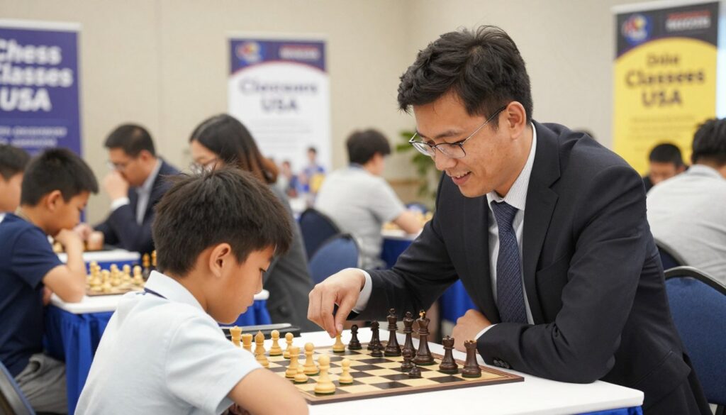 A focused scene depicting supportive chess players at a tournament, emphasizing the bond between a young chess player and their parent in the foreground. The child, around 10 years old, sits concentrating at a chessboard, dressed in a smart casual outfit, displaying determination. The parent, wearing professional business attire, leans slightly over the board, offering encouraging gestures and a proud smile, radiating warmth and support. In the middle ground, other players and parents can be seen engaged in gameplay and quietly observing, creating a sense of community. The background features a well-lit tournament hall with banners saying "Chess Classes USA," adding vibrancy without overpowering the main scene. Soft, natural lighting enhances the supportive atmosphere, conveying a positive mood, ideal for illustrating the dos of supporting children in chess tournaments.