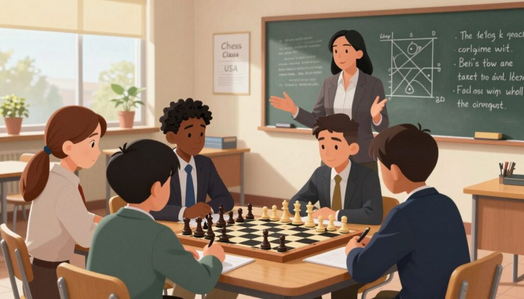 A focused scene of a Debsie chess training session in a well-lit classroom setting. In the foreground, a diverse group of six students, wearing professional business attire, are attentively gathered around a large wooden chessboard. They are engaged in strategic discussions, some taking notes while one student demonstrates a move. In the middle ground, a chess instructor, dressed in a smart casual outfit, explains concepts with animated gestures. The background features a chalkboard filled with tactical diagrams and inspirational chess quotes. Warm, natural light filters through large windows, creating an inviting atmosphere that emphasizes collaboration and learning. The branding "Chess Classes USA" is subtly integrated into the classroom decor, enhancing the educational ambiance without drawing focus from the scene.