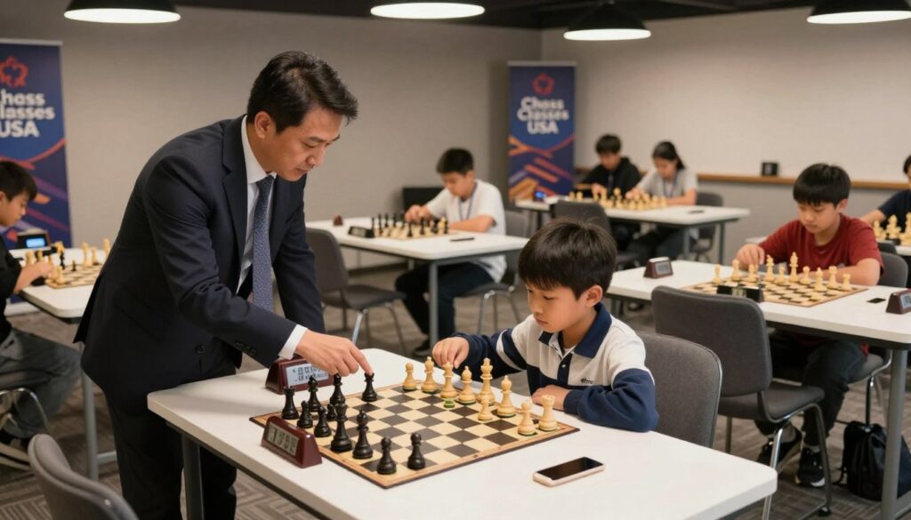 A focused scene of a chess tournament preparation inside a modern yet cozy tournament hall. In the foreground, a young child sits at a neatly arranged table, studying a chessboard with concentration, their face showing determination. They are dressed in smart casual clothing. To the left, a coach, wearing a professional business attire, offers guidance, gesturing towards the board. In the middle ground, several rows of tables are set up with chess pieces and clocks, where other participants are engaged in similar preparations. The background features banners displaying the logo "Chess Classes USA," adding a professional touch. The lighting is warm and inviting, with overhead lights illuminating the scene, creating a motivational atmosphere, capturing the essence of competitive growth in chess. The camera angle is slightly elevated, providing a comprehensive view of the setting. A focused scene of a chess tournament preparation inside a modern yet cozy tournament hall. In the foreground, a young child sits at a neatly arranged table, studying a chessboard with concentration, their face showing determination. They are dressed in smart casual clothing. To the left, a coach, wearing a professional business attire, offers guidance, gesturing towards the board. In the middle ground, several rows of tables are set up with chess pieces and clocks, where other participants are engaged in similar preparations. The background features banners displaying the logo "Chess Classes USA," adding a professional touch. The lighting is warm and inviting, with overhead lights illuminating the scene, creating a motivational atmosphere, capturing the essence of competitive growth in chess. The camera angle is slightly elevated, providing a comprehensive view of the setting.