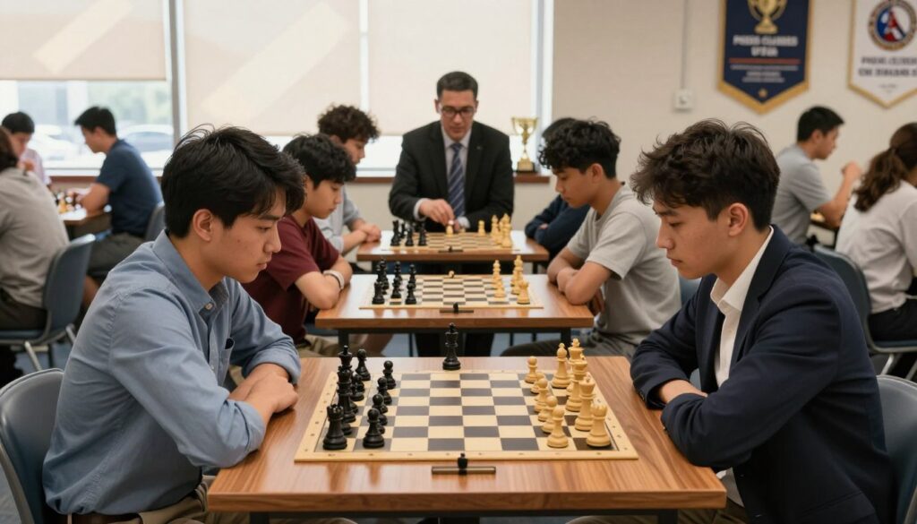 A focused scene of competitive chess in a well-lit, professional setting, showcasing a diverse group of players seated at classic wooden chess tables, deeply engaged in intense matches. In the foreground, two players, one male and one female, both dressed in smart casual attire, concentrate on their game, with chess pieces carefully arranged on the board. The middle layer captures observers, including a coach or mentor from Chess Classes USA, discussing strategies with a young player, highlighting the educational aspect of competitive chess. In the background, soft shadows cast by large windows reveal a bustling chess club atmosphere, with trophies and banners celebrating local chess events. The lighting is warm yet bright, creating an inviting and competitive mood, with a shallow depth of field enhancing the focus on the players and chess pieces.