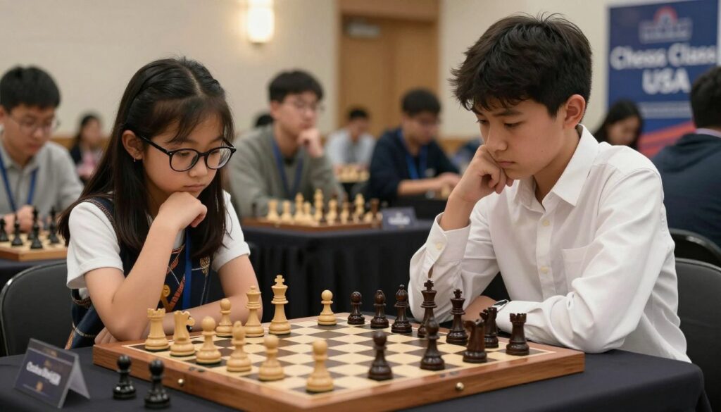 A focused scene of two young chess players intently engaged in a competitive chess match in a well-lit, professional chess tournament setting. In the foreground, one player, a girl with glasses wearing a smart, casual outfit, carefully contemplates her next move, while her opponent, a boy dressed in a crisp button-down shirt, confidently studies the board. The chessboard is intricately detailed, with elegant wooden pieces. In the middle background, blurred spectators watch keenly, contributing to the atmosphere of excitement and tension. Soft, warm lighting highlights the players’ expressions, while hints of a banner in the far background subtly display “Chess Classes USA.” The overall mood is one of determination and strategic depth, reflecting the commitment required for competitive chess.