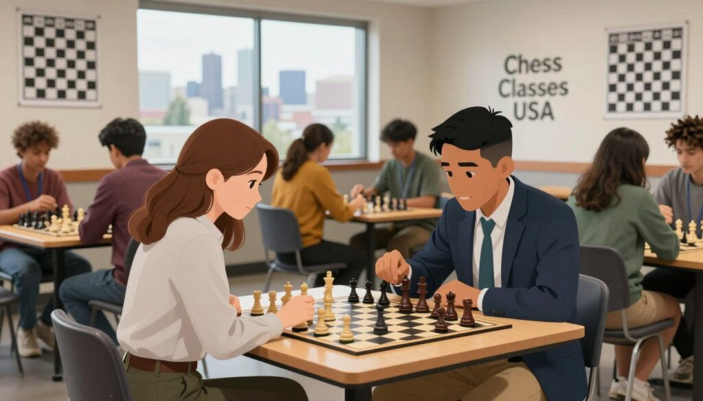 A focused scene showcasing a diverse group of new chess players engaged in a friendly match at a Seattle chess club. In the foreground, two players, one Caucasian woman in professional casual attire and one Hispanic man in business casual, intensely study a chessboard filled with pieces in mid-game. Surrounding them, a vibrant atmosphere with chess posters on the walls and fellow players in the background, some observing and others analyzing strategies. Natural soft lighting filters through large windows, creating an inviting ambiance. The Seattle skyline is faintly visible through the glass, hinting at the city's culture. The image subtly includes branding elements of "Chess Classes USA" in a tasteful manner, conveying a sense of community and growth in overcoming challenges while improving chess skills.