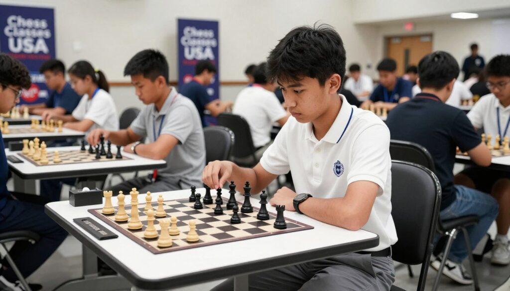 A focused student athlete participating in a chess tournament, seated at a sleek, modern chess table with a chessboard displaying an intense mid-game position. The student is dressed in professional casual attire: a smart polo shirt and tailored trousers, reflecting a combination of comfort and professionalism. In the foreground, the student displays a concentrated expression, with hands poised over the chess pieces, highlighting determination and strategy. The middle ground features other competitors engaged in their own games, creating a lively atmosphere. In the background, banners that read "Chess Classes USA" hang against a well-lit, spacious hall filled with spectators. The lighting is bright and even, with soft shadows creating depth, capturing a vibrant yet serious mood that emphasizes the balance between academics and competitive chess. A focused student athlete participating in a chess tournament, seated at a sleek, modern chess table with a chessboard displaying an intense mid-game position. The student is dressed in professional casual attire: a smart polo shirt and tailored trousers, reflecting a combination of comfort and professionalism. In the foreground, the student displays a concentrated expression, with hands poised over the chess pieces, highlighting determination and strategy. The middle ground features other competitors engaged in their own games, creating a lively atmosphere. In the background, banners that read "Chess Classes USA" hang against a well-lit, spacious hall filled with spectators. The lighting is bright and even, with soft shadows creating depth, capturing a vibrant yet serious mood that emphasizes the balance between academics and competitive chess.