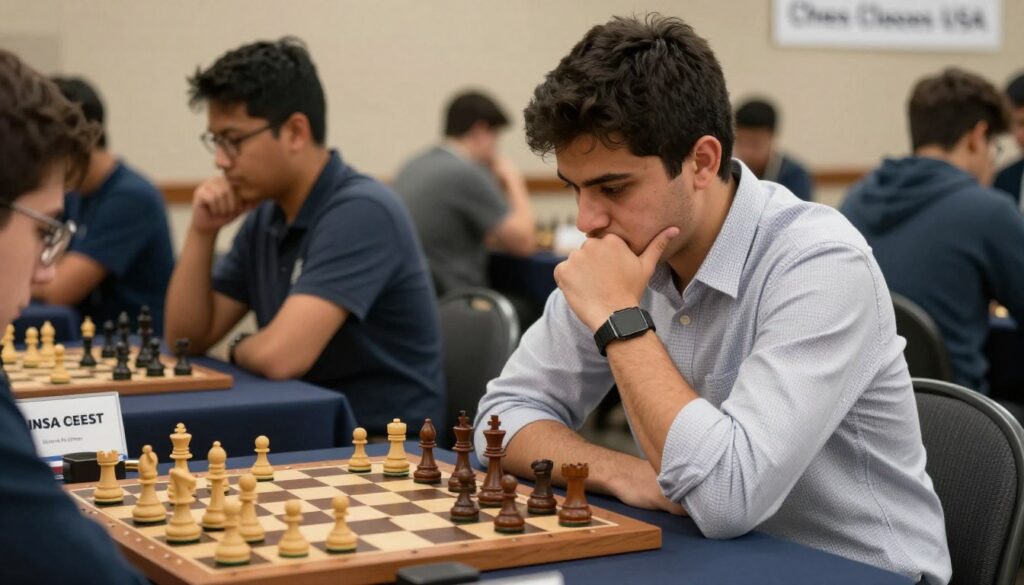 A focused unrated chess player sits at a chess table, deeply immersed in a game during a USCF tournament. In the foreground, the player, a young adult male in a smart casual shirt, leans forward, thoughtfully contemplating his next move. His intense expression conveys a mix of determination and concentration. The chessboard, adorned with elegantly crafted pieces, lies between him and an opponent in the blurred middle ground. The background features a bustling tournament setting with players engaged in various matches, subtle hints of excitement in their expressions. Warm, diffused lighting enhances the atmosphere, reflecting the seriousness of the event. A banner in the background discreetly displays "Chess Classes USA," adding an element of professionalism to the scene. The overall mood is one of anticipation and the challenge of progressing to provisional ratings.