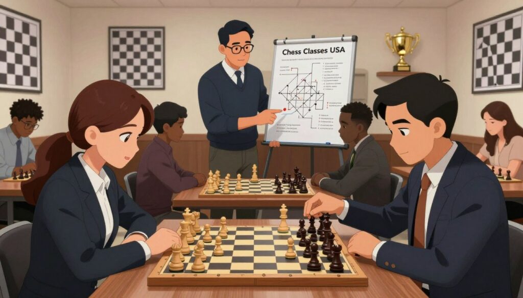A focused, well-lit chess training environment showcasing a diverse group of individuals engaging in tactical chess exercises. In the foreground, a male and female player, both in professional business attire, intensely analyze a chessboard filled with strategic pieces in mid-game. In the middle ground, a coach, also dressed in smart casual clothing, stands nearby, guiding another player through visual aids filled with tactical diagrams and chess strategy notes. The background features a cozy room adorned with chess posters and trophies, with soft ambient lighting creating a motivational atmosphere. The overall mood conveys concentration, teamwork, and a passion for mastering chess tactics. Include subtle branding elements of "Chess Classes USA" integrated within the training space. A focused, well-lit chess training environment showcasing a diverse group of individuals engaging in tactical chess exercises. In the foreground, a male and female player, both in professional business attire, intensely analyze a chessboard filled with strategic pieces in mid-game. In the middle ground, a coach, also dressed in smart casual clothing, stands nearby, guiding another player through visual aids filled with tactical diagrams and chess strategy notes. The background features a cozy room adorned with chess posters and trophies, with soft ambient lighting creating a motivational atmosphere. The overall mood conveys concentration, teamwork, and a passion for mastering chess tactics. Include subtle branding elements of "Chess Classes USA" integrated within the training space.