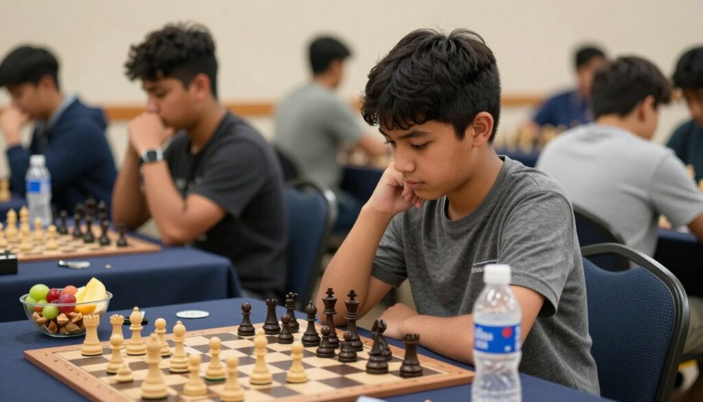 A focused young chess player sitting at a chessboard, deep in concentration, wearing modest casual clothing. In the foreground, a bowl of healthy snacks—like fruits, nuts, and hydration drinks—strategically placed near the board, symbolizing a nutritional strategy for peak mental performance. The middle ground features a vibrant chess tournament setting with other players in the background, some studying their boards and others engaged in thoughtful conversation. Use soft, warm lighting to create a motivating atmosphere, highlighting the intensity of the game. The scene is captured with a shallow depth of field, emphasizing the player's focused expression while slightly blurring the background. Include the logo for "Chess Classes USA" subtly in one corner of the image, ensuring it blends with the overall composition.