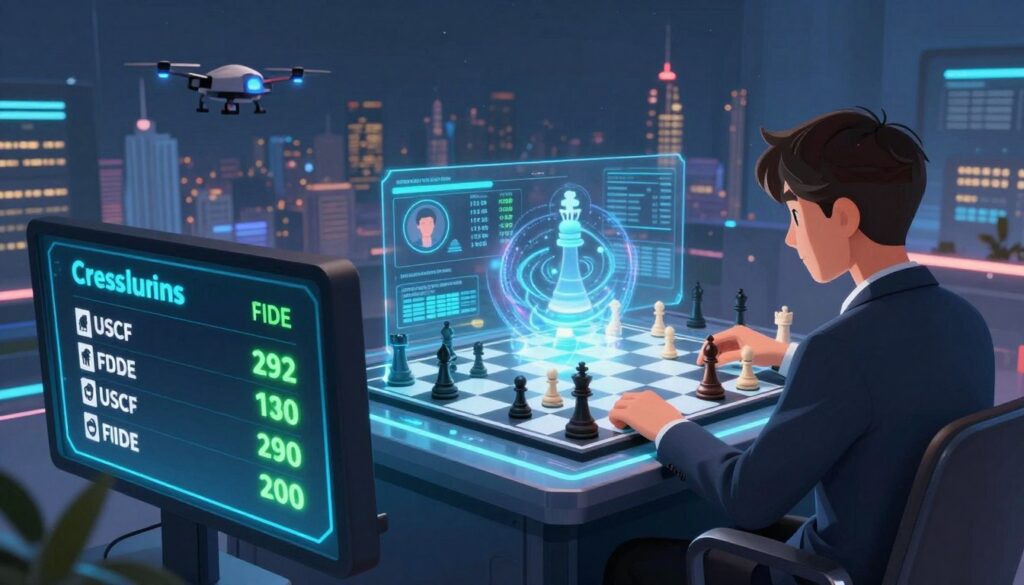 A futuristic depiction of chess rating systems in the digital era. In the foreground, a sleek digital scoreboard displays live chess ratings from USCF and FIDE, illuminated by soft blue and green neon lights. In the middle ground, a modern chess board sits atop a transparent touchscreen interface, with holographic pieces and data analytics swirling around it—indicating player statistics and game history. The background features a virtual landscape of city skylines with drones flying above, symbolizing technological advancement. The atmosphere is dynamic and inspiring, with a sense of innovation and strategy in the air. The setting conveys professionalism and sophistication, synonymous with "Chess Classes USA." The scene is captured from a low angle, giving an empowered perspective, with balanced lighting emphasizing the tech elements and chess board.