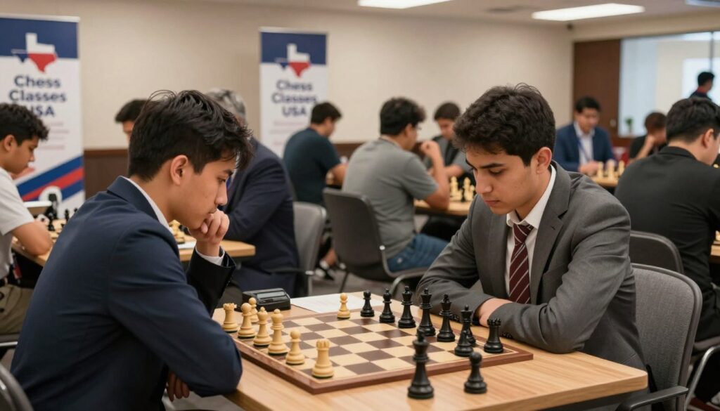 A grandmaster chess tournament scene set in a modern, well-lit Texas venue, showcasing players deeply focused on their games. In the foreground, highlight two grandmasters in professional business attire, intensely studying their chessboards, with a sense of concentration and strategy. The middle ground features additional players and spectators, all engaged in the intellectual atmosphere, with chess pieces and boards in view. In the background, banners display the logo of "Chess Classes USA," subtly emphasizing the support for chess in the community. Soft, warm lighting enhances the mood, creating an inviting and competitive ambiance. The angle captures the essence of the event, showcasing the vibrant culture surrounding professional chess in Texas.