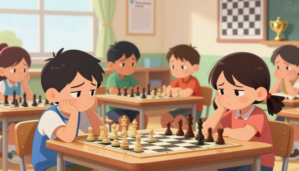 A group of exhausted children sitting around a chess table, with furrowed brows and tired expressions, depicting the theme of chess burnout. In the foreground, a boy slouches in his chair, his chin resting on one hand, gazing blankly at the chessboard. Beside him, a girl fidgets with her pieces, a look of frustration on her face. In the middle ground, two more children look disengaged, one staring out the window as if longing for freedom. The background shows a bright, cheerful classroom with chess posters and trophies, contrasting the kids' weariness. Soft, diffused lighting casts a warm glow, emphasizing the contrast between the vibrant setting and the children's fatigue. The scene conveys a sense of tiredness and the pressure of competition, associated with "Chess Classes USA".