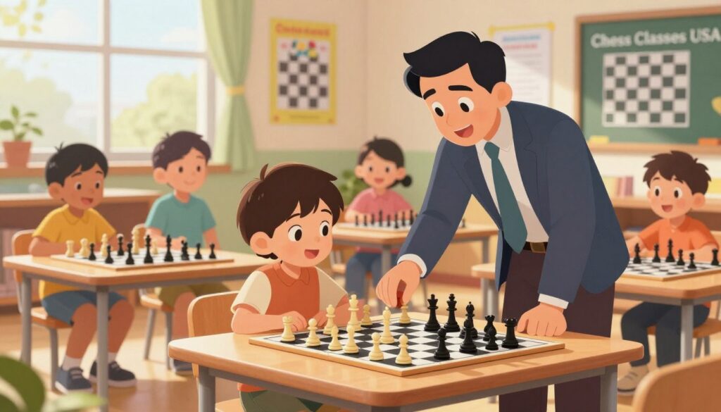 A heartwarming scene depicting a young child engaged in chess coaching at a sunlit, inviting classroom. In the foreground, the child, wearing modest, casual clothing, is intently focused on a chessboard, with a mentor gently guiding them in the background. The coach, dressed in professional attire, demonstrates a strategy, emphasizing an encouraging and supportive approach. The middle ground features a diverse group of children, expressing joy and concentration while playing chess together, enhancing the inclusivity of the learning environment. In the background, colorful educational posters related to chess adorn the walls, creating a vibrant atmosphere. Soft, natural lighting filters through large windows, illuminating the space and casting gentle shadows, fostering a positive and nurturing ambiance. The image represents "Chess Classes USA," encapsulating the essence of child development through quality coaching in a supportive setting.