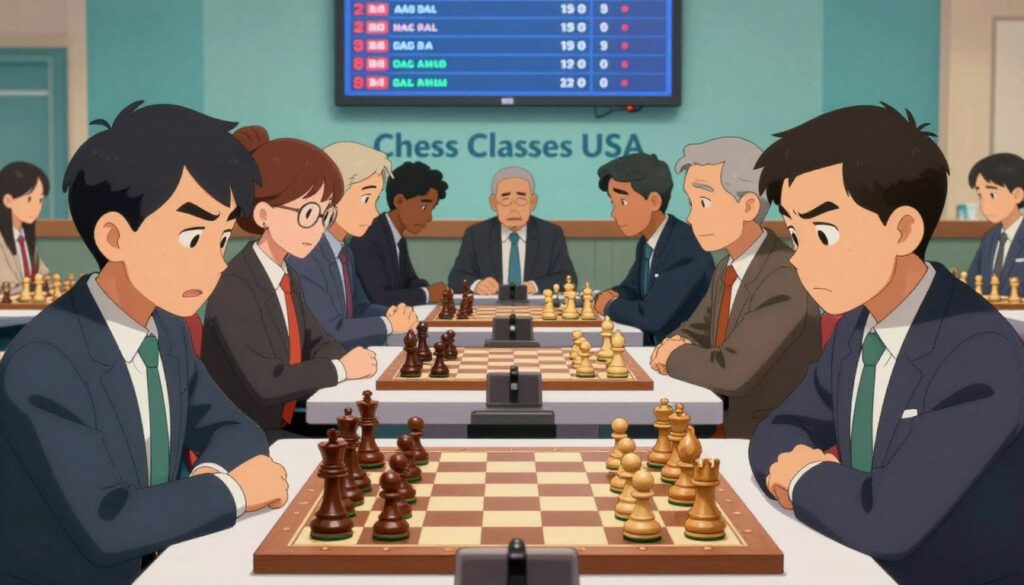 A high-energy chess tournament scene showcasing a diverse group of players intensely competing. The foreground features a chessboard with elegantly carved wooden pieces, strategically placed in mid-game. In the middle ground, players of different ages and backgrounds, dressed in professional business attire, are focused on their games, displaying a range of emotions from concentration to excitement. The background includes spectators observing closely, with a large digital scoreboard overhead showing player ratings and match statistics. Soft, focused lighting enhances the atmosphere, capturing a sense of seriousness and anticipation. Subtle hues of blue and green create a calming ambiance. Prominently displayed on a banner in the background is "Chess Classes USA," emphasizing the educational aspect of the tournament.