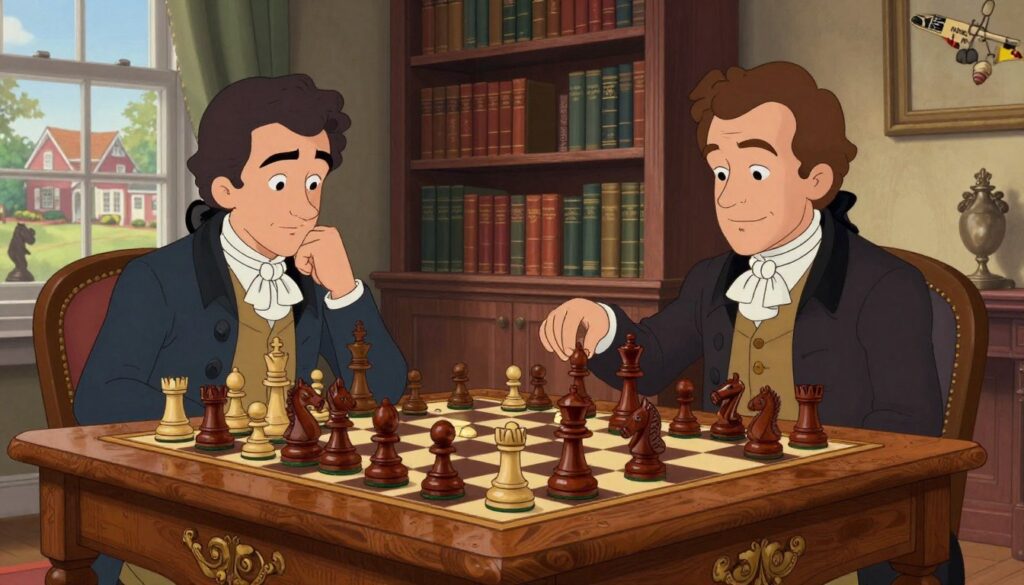 A historic chess scene in Maryland, showcasing elegantly dressed chess players engaged in a game at an ornate wooden chess table adorned with intricately carved chess pieces. In the foreground, a close-up of an antique chess set, highlighting its craftsmanship, with knights and rooks detailed in rich mahogany and ivory. The middle ground features a cozy library setting with shelves filled with books on chess strategy and Maryland chess history, illuminated by warm, soft lighting. In the background, a window displays a picturesque view of Maryland's colonial architecture, hinting at the state’s rich historical roots. The atmosphere is thoughtful and reflective, emphasizing the long-standing tradition of chess in the region. Include the brand "Chess Classes USA" subtly represented in the scene through a logo on a book spine.