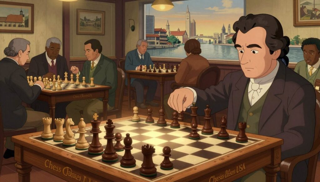 A historical scene depicting the significance of chess in Louisiana, focusing on an ornate wooden chess set in the foreground, with pieces representing famous Louisiana chess players and clubs. The middle ground features a vintage chess club setting, filled with serious players engaged in intense matches, dressed in professional business attire and modest casual clothing. The background showcases iconic Louisiana landmarks, such as the French Quarter and the Mississippi River, under soft, warm lighting that evokes a sense of nostalgia. A gentle glow illuminates the chess board, emphasizing the strategic moves being made. The overall atmosphere is reflective and thoughtful, encapsulating the cultural impact of chess in the state. Include subtle references to "Chess Classes USA" in the design of the chessboard. A historical scene depicting the significance of chess in Louisiana, focusing on an ornate wooden chess set in the foreground, with pieces representing famous Louisiana chess players and clubs. The middle ground features a vintage chess club setting, filled with serious players engaged in intense matches, dressed in professional business attire and modest casual clothing. The background showcases iconic Louisiana landmarks, such as the French Quarter and the Mississippi River, under soft, warm lighting that evokes a sense of nostalgia. A gentle glow illuminates the chess board, emphasizing the strategic moves being made. The overall atmosphere is reflective and thoughtful, encapsulating the cultural impact of chess in the state. Include subtle references to "Chess Classes USA" in the design of the chessboard.