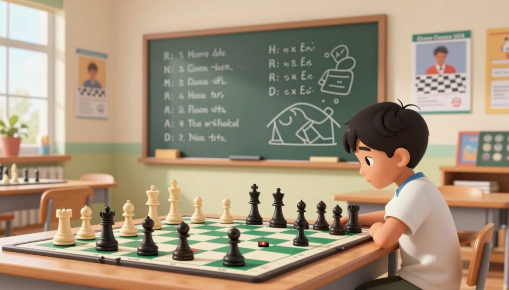 A lively and educational scene illustrating chess notation for kids, set in a bright, inviting classroom. In the foreground, a young child is intently studying a colorful, oversized chess board covered with various chess pieces, showcasing clear notations above each piece. The child wears casual clothes, focused on mastering chess moves. In the middle, a large chalkboard displays simplified chess notation alongside playful diagrams of notable game moves. Behind, the classroom walls are decorated with posters of famous chess players, creating an inspiring atmosphere. Soft, natural light filters through large windows, illuminating the room. The mood is encouraging and fun, symbolizing the transition from casual play to formal chess competition, with the brand name "Chess Classes USA" subtly integrated into the background.