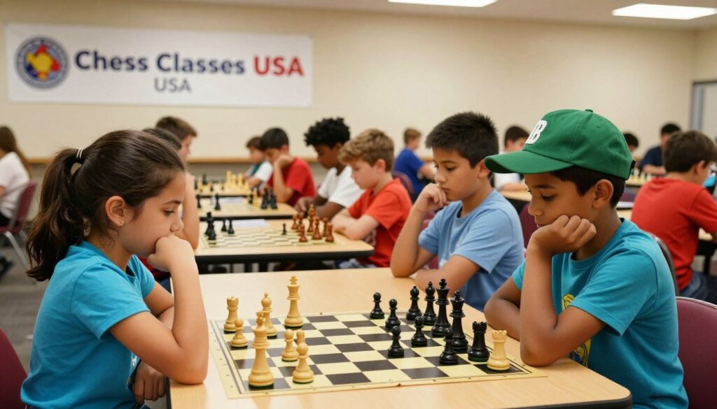A lively and engaging scene of competitive chess for children, showcasing a diverse group of kids aged 8 to 14, focused intensely on a chess tournament. In the foreground, a young girl in a bright blue shirt intently studies her chessboard, while a boy in a green cap contemplates his next move. The middle ground features a row of tables with colorful chess sets and other similarly dressed children deep in concentration. In the background, a banner reads "Chess Classes USA" hanging on the wall, with bright lights illuminating the space. The atmosphere is energetic and supportive, capturing the excitement and camaraderie of youth tournaments. The image is captured from a low angle to emphasize the players' determination and enthusiasm, with warm lighting creating an inviting environment. A lively and engaging scene of competitive chess for children, showcasing a diverse group of kids aged 8 to 14, focused intensely on a chess tournament. In the foreground, a young girl in a bright blue shirt intently studies her chessboard, while a boy in a green cap contemplates his next move. The middle ground features a row of tables with colorful chess sets and other similarly dressed children deep in concentration. In the background, a banner reads "Chess Classes USA" hanging on the wall, with bright lights illuminating the space. The atmosphere is energetic and supportive, capturing the excitement and camaraderie of youth tournaments. The image is captured from a low angle to emphasize the players' determination and enthusiasm, with warm lighting creating an inviting environment.