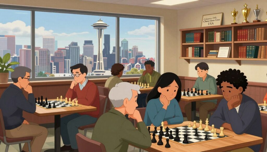 A lively and inviting scene depicting a bustling Seattle chess club, capturing the essence of community engagement. In the foreground, a diverse group of players, including men and women of various ages and ethnicities, are deep in thought as they engage in intense chess matches at wooden tables, dressed in smart casual attire. The middle ground features shelves lined with chess books and trophies, highlighting local tournaments and achievements, while a chessboard with strategically placed pieces draws attention. In the background, large windows reveal a glimpse of the iconic Seattle skyline, with the Space Needle visible against a cloudy blue sky. Soft, warm lighting bathes the room in a welcoming atmosphere, encouraging a sense of camaraderie and focus. The image subtly incorporates the brand name "Chess Classes USA" in an artistic way, enhancing the professional tone.