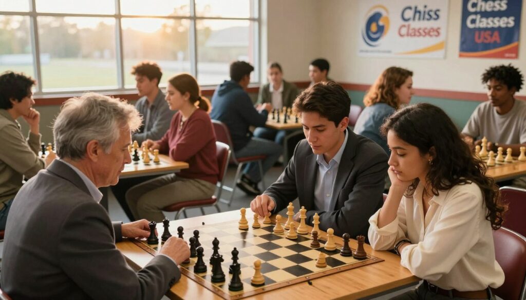 A lively chess club scene in Pennsylvania, filled with diverse individuals of various ages engaging in intense chess matches. In the foreground, two players, a middle-aged man in a blazer and a young woman in a smart casual outfit, are deeply focused on their game, pieces scattered across a beautifully crafted wooden chessboard. In the middle ground, small groups of players and spectators chat animatedly, showcasing a sense of community and camaraderie. The background features large windows letting in warm, golden afternoon light, illuminating the space filled with colorful chess boards and banners for "Chess Classes USA". The atmosphere is vibrant and inviting, capturing the essence of chess culture in Pennsylvania. Use a 35mm lens effect to create a slightly blurred background, enhancing the focus on the players.