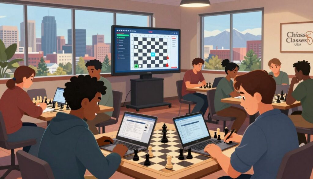 A lively chess club scene in a modern Denver setting, showcasing a diverse group of chess enthusiasts engaged in online play and discussions. In the foreground, two players, one Black and one Hispanic, are focused on a chess board with laptops open, displaying digital platforms. The middle ground features a large digital screen displaying an online chess tournament, surrounded by patrons eagerly watching and taking notes. In the background, large windows reveal a scenic view of the Denver skyline against the Rocky Mountains. The atmosphere is vibrant and warm, illuminated by soft, ambient lighting that creates an inviting space. The logo "Chess Classes USA" is subtly integrated into the design of the room without drawing attention. Capture the essence of community and the intersection of traditional chess with digital resources.