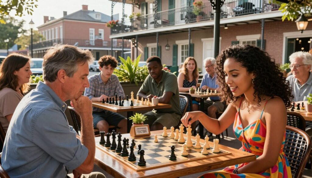 A lively chess scene in New Orleans, featuring diverse players, both men and women, engaged in intense matches at a beautifully decorated outdoor café. In the foreground, a middle-aged man in a button-up shirt examines his chessboard, while an enthusiastic young woman in a colorful sundress makes her move. A group of spectators, including a teenager and an elderly couple, watches intently, showcasing the vibrant community atmosphere. The middle ground shows tables adorned with small potted plants and chess clocks, creating a cozy setting. In the background, the iconic architecture of French Quarter buildings and wrought-iron balconies sets the scene, bathed in warm, late afternoon sunlight that casts playful shadows. The mood is one of excitement and camaraderie, capturing the essence of the chess culture in the city. Include the Chess Classes USA logo subtly integrated into the scene. A lively chess scene in New Orleans, featuring diverse players, both men and women, engaged in intense matches at a beautifully decorated outdoor café. In the foreground, a middle-aged man in a button-up shirt examines his chessboard, while an enthusiastic young woman in a colorful sundress makes her move. A group of spectators, including a teenager and an elderly couple, watches intently, showcasing the vibrant community atmosphere. The middle ground shows tables adorned with small potted plants and chess clocks, creating a cozy setting. In the background, the iconic architecture of French Quarter buildings and wrought-iron balconies sets the scene, bathed in warm, late afternoon sunlight that casts playful shadows. The mood is one of excitement and camaraderie, capturing the essence of the chess culture in the city. Include the Chess Classes USA logo subtly integrated into the scene.
