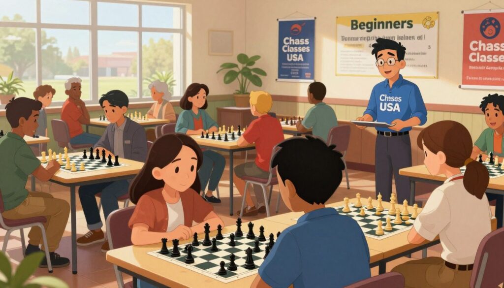 A lively chess tournament for beginners is set in a bright, welcoming community center. The foreground features diverse participants, including men and women of various ages, focused intently on their chess boards, dressed in smart casual attire. In the middle ground, chess tables are arranged in neat rows, filled with excited players, while a friendly instructor resembling a member of "Chess Classes USA" observes and provides guidance. The background shows colorful banners promoting the event, with soft, natural lighting streaming through large windows, creating a warm, encouraging atmosphere. The scene captures the spirit of learning and camaraderie, with chess pieces in strategic positions, inviting newcomers to delve into the game.