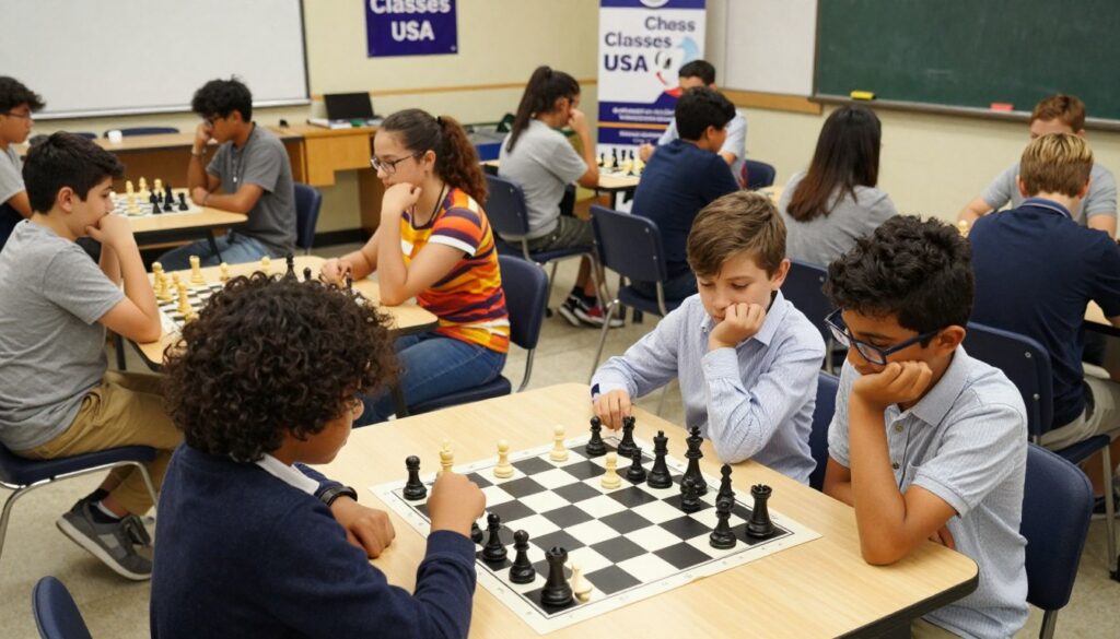 A lively chess tournament for beginners, showcasing a diverse group of young players focused on their games. In the foreground, two children, one with curly hair and another with glasses, study their chessboards intently, both dressed in smart casual attire. The middle ground features a range of participants, including a teenage girl in a colorful t-shirt and a boy in a button-up shirt, engaged in deep thought as they plan their moves. In the background, a bright and inviting classroom filled with chess tables and tournament banners, particularly highlighting "Chess Classes USA." The atmosphere is energetic yet supportive, illuminated by warm overhead lighting, creating a sense of community and camaraderie. The angle is slightly overhead, providing a comprehensive view of the players and their strategies.