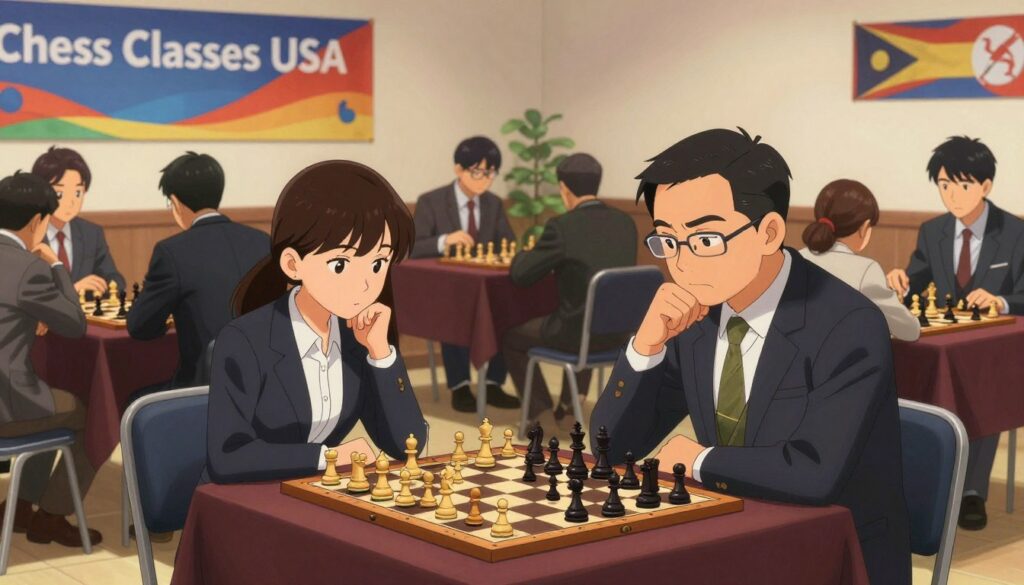 A lively chess tournament scene capturing etiquette in a well-lit venue. In the foreground, two players, a young woman and a middle-aged man, are seated at a chessboard, both dressed in professional business attire, intently focused on their game, thoughtfully analyzing the board. In the middle ground, other players are engaged in matches, with observers quietly watching, creating a sense of concentration and respect. The background features a vibrant banner with "Chess Classes USA" displayed prominently, as well as a few chess-related decorations. The lighting is soft yet bright, illuminating the faces of the players and highlighting the chess pieces. The mood is one of seriousness mixed with excitement, encapsulating both the competitive spirit and the respectful atmosphere of a rated tournament.