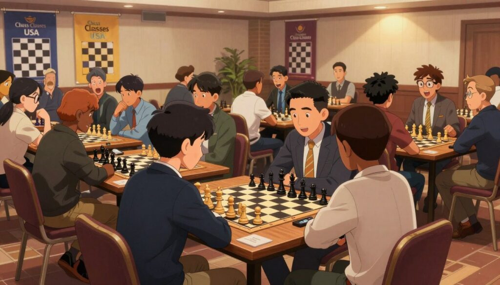 A lively chess tournament scene capturing the essence of competitive play. In the foreground, players of diverse backgrounds are seated at elegant wooden chess tables, deeply focused, some in professional business attire and others in modest casual clothing. The middle ground features spectators, eagerly watching the matches, with expressions of excitement and concentration. The background showcases a well-lit hall adorned with chess-themed banners, emphasizing the tournament atmosphere, with spotlights illuminating the players’ boards. The lighting is warm and inviting, creating a vibrant yet intense mood. The image should reflect the spirit of community and competition in chess, with the branding "Chess Classes USA" subtly incorporated into the tournament environment, enhancing its educational aspect.