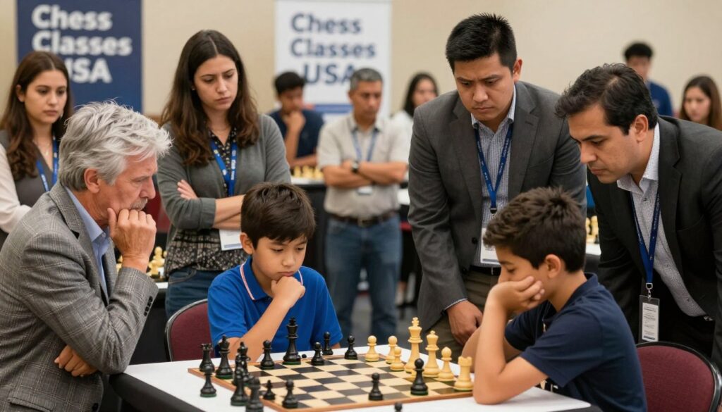 A lively chess tournament scene capturing the essence of sideline behavior. In the foreground, a diverse group of parents, dressed in professional business attire and modest casual clothing, are watching their children compete. One parent is visibly anxious, fidgeting with their hands, while another appears overly competitive, leaning forward with a stern expression. In the middle, two young chess players, focused and deep in thought, are sitting at their boards, showcasing concentration. The background features other spectators quietly observing, with banners displaying "Chess Classes USA." The atmosphere is tense yet respectful, with warm natural lighting highlighting the intensity of the event. The composition is shot at eye level with a shallow depth of field, drawing attention to the parents' expressions and sideline dynamics, embodying the dos and don'ts of chess tournament etiquette.